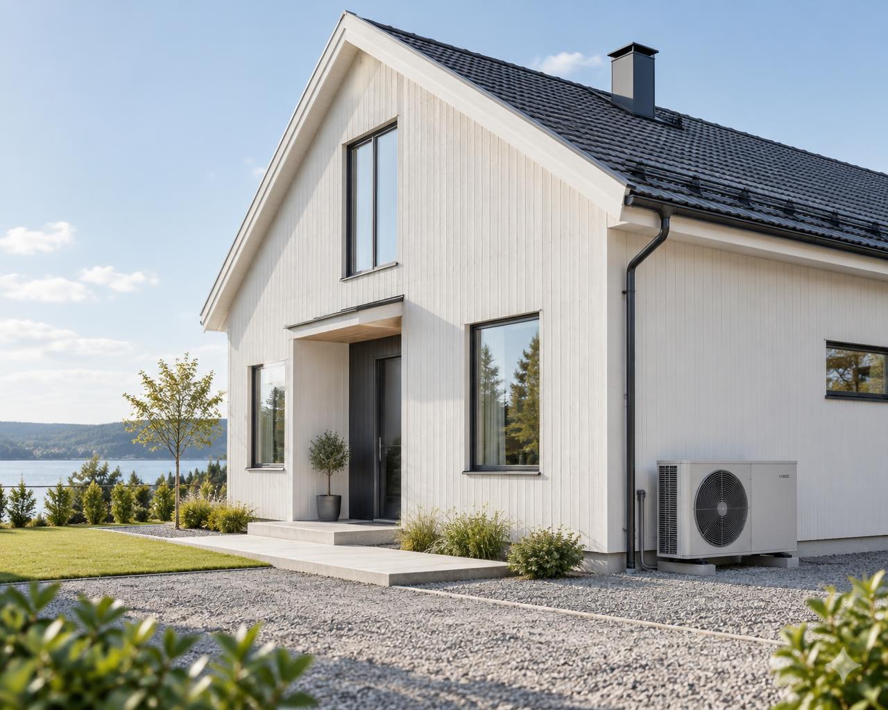 Modern svensk villa med luftvärmepump monterad på fasaden